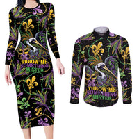 Mardi Gras Pelican Couples Matching Long Sleeve Bodycon Dress and Long Sleeve Button Shirt Throw me Something Mister! - Wonder Print Shop