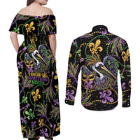 Mardi Gras Pelican Couples Matching Off Shoulder Maxi Dress and Long Sleeve Button Shirt Throw me Something Mister! - Wonder Print Shop