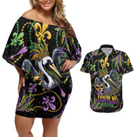 Mardi Gras Pelican Couples Matching Off Shoulder Short Dress and Hawaiian Shirt Throw me Something Mister! - Wonder Print Shop