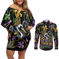 Mardi Gras Pelican Couples Matching Off Shoulder Short Dress and Long Sleeve Button Shirt Throw me Something Mister! - Wonder Print Shop