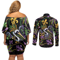 Mardi Gras Pelican Couples Matching Off Shoulder Short Dress and Long Sleeve Button Shirt Throw me Something Mister! - Wonder Print Shop