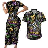 Mardi Gras Pelican Couples Matching Short Sleeve Bodycon Dress and Hawaiian Shirt Throw me Something Mister! - Wonder Print Shop