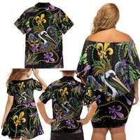 Mardi Gras Pelican Family Matching Off Shoulder Short Dress and Hawaiian Shirt Throw me Something Mister! - Wonder Print Shop