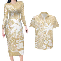 Custom Indo Fijians Couples Matching Long Sleeve Bodycon Dress and Hawaiian Shirt Fiji ke Hindustani Polyneisan Paisley Beige Style LT9 - Wonder Print Shop