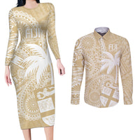 Custom Indo Fijians Couples Matching Long Sleeve Bodycon Dress and Long Sleeve Button Shirt Fiji ke Hindustani Polyneisan Paisley Beige Style LT9 - Wonder Print Shop