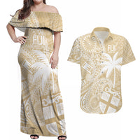 Custom Indo Fijians Couples Matching Off Shoulder Maxi Dress and Hawaiian Shirt Fiji ke Hindustani Polyneisan Paisley Beige Style LT9 - Wonder Print Shop