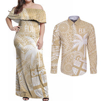 Custom Indo Fijians Couples Matching Off Shoulder Maxi Dress and Long Sleeve Button Shirt Fiji ke Hindustani Polyneisan Paisley Beige Style LT9 - Wonder Print Shop