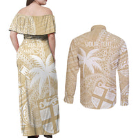 Custom Indo Fijians Couples Matching Off Shoulder Maxi Dress and Long Sleeve Button Shirt Fiji ke Hindustani Polyneisan Paisley Beige Style LT9 - Wonder Print Shop