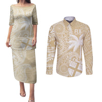 Custom Indo Fijians Couples Matching Puletasi and Long Sleeve Button Shirt Fiji ke Hindustani Polyneisan Paisley Beige Style LT9 - Wonder Print Shop