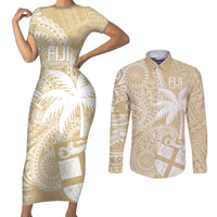 Custom Indo Fijians Couples Matching Short Sleeve Bodycon Dress and Long Sleeve Button Shirt Fiji ke Hindustani Polyneisan Paisley Beige Style LT9 - Wonder Print Shop