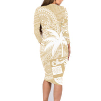Custom Indo Fijians Family Matching Long Sleeve Bodycon Dress and Hawaiian Shirt Fiji ke Hindustani Polyneisan Paisley Beige Style LT9 - Wonder Print Shop