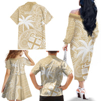 Custom Indo Fijians Family Matching Off The Shoulder Long Sleeve Dress and Hawaiian Shirt Fiji ke Hindustani Polyneisan Paisley Beige Style - Wonder Print Shop