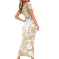 Custom Indo Fijians Short Sleeve Bodycon Dress Fiji ke Hindustani Polyneisan Paisley Beige Style - Wonder Print Shop