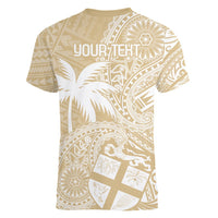 Custom Indo Fijians Women V-Neck T-Shirt Fiji ke Hindustani Polyneisan Paisley Beige Style - Wonder Print Shop