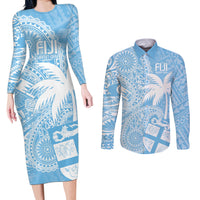 Custom Indo Fijians Couples Matching Long Sleeve Bodycon Dress and Long Sleeve Button Shirt Fiji ke Hindustani Polyneisan Paisley Blue Style LT9 - Wonder Print Shop