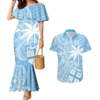 Custom Indo Fijians Couples Matching Mermaid Dress and Hawaiian Shirt Fiji ke Hindustani Polyneisan Paisley Blue Style LT9 - Wonder Print Shop