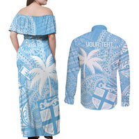 Custom Indo Fijians Couples Matching Off Shoulder Maxi Dress and Long Sleeve Button Shirt Fiji ke Hindustani Polyneisan Paisley Blue Style LT9 - Wonder Print Shop