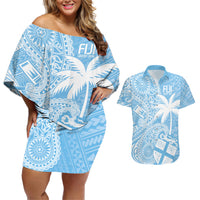 Custom Indo Fijians Couples Matching Off Shoulder Short Dress and Hawaiian Shirt Fiji ke Hindustani Polyneisan Paisley Blue Style LT9 - Wonder Print Shop