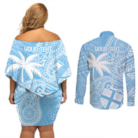 Custom Indo Fijians Couples Matching Off Shoulder Short Dress and Long Sleeve Button Shirt Fiji ke Hindustani Polyneisan Paisley Blue Style LT9 - Wonder Print Shop