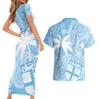 Custom Indo Fijians Couples Matching Short Sleeve Bodycon Dress and Hawaiian Shirt Fiji ke Hindustani Polyneisan Paisley Blue Style LT9 - Wonder Print Shop