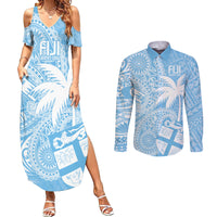 Custom Indo Fijians Couples Matching Summer Maxi Dress and Long Sleeve Button Shirt Fiji ke Hindustani Polyneisan Paisley Blue Style LT9 - Wonder Print Shop