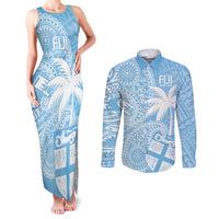 Custom Indo Fijians Couples Matching Tank Maxi Dress and Long Sleeve Button Shirt Fiji ke Hindustani Polyneisan Paisley Blue Style LT9 - Wonder Print Shop