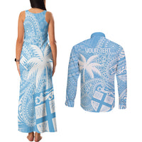 Custom Indo Fijians Couples Matching Tank Maxi Dress and Long Sleeve Button Shirt Fiji ke Hindustani Polyneisan Paisley Blue Style LT9 - Wonder Print Shop