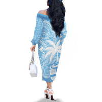 Custom Indo Fijians Family Matching Off The Shoulder Long Sleeve Dress and Hawaiian Shirt Fiji ke Hindustani Polyneisan Paisley Blue Style - Wonder Print Shop