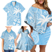 Custom Indo Fijians Family Matching Off Shoulder Short Dress and Hawaiian Shirt Fiji ke Hindustani Polyneisan Paisley Blue Style LT9 - Wonder Print Shop