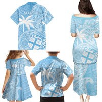 Custom Indo Fijians Family Matching Puletasi and Hawaiian Shirt Fiji ke Hindustani Polyneisan Paisley Blue Style - Wonder Print Shop