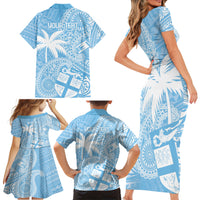 Custom Indo Fijians Family Matching Short Sleeve Bodycon Dress and Hawaiian Shirt Fiji ke Hindustani Polyneisan Paisley Blue Style - Wonder Print Shop