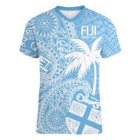 Custom Indo Fijians Women V-Neck T-Shirt Fiji ke Hindustani Polyneisan Paisley Blue Style - Wonder Print Shop