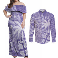 Custom Indo Fijians Couples Matching Off Shoulder Maxi Dress and Long Sleeve Button Shirt Fiji ke Hindustani Polyneisan Paisley Purple Style LT9 - Wonder Print Shop