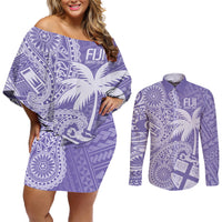 Custom Indo Fijians Couples Matching Off Shoulder Short Dress and Long Sleeve Button Shirt Fiji ke Hindustani Polyneisan Paisley Purple Style LT9 - Wonder Print Shop