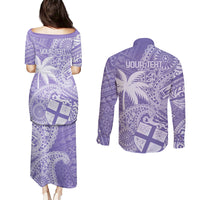Custom Indo Fijians Couples Matching Puletasi and Long Sleeve Button Shirt Fiji ke Hindustani Polyneisan Paisley Purple Style LT9 - Wonder Print Shop