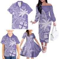 Custom Indo Fijians Family Matching Off The Shoulder Long Sleeve Dress and Hawaiian Shirt Fiji ke Hindustani Polyneisan Paisley Purple Style - Wonder Print Shop