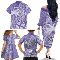 Custom Indo Fijians Family Matching Off The Shoulder Long Sleeve Dress and Hawaiian Shirt Fiji ke Hindustani Polyneisan Paisley Purple Style - Wonder Print Shop