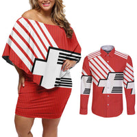 Swiss Football Custom Couples Matching Off Shoulder Short Dress and Long Sleeve Button Shirt 1990-1992 Retro Red Switzerland Vintage