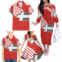 Swiss Football Custom Family Matching Off The Shoulder Long Sleeve Dress and Hawaiian Shirt 1990-1992 Retro Red Switzerland Vintage