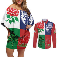 Custom British Lions Couples Matching Off Shoulder Short Dress and Long Sleeve Button Shirt Combination of England Irish Scottish Welsh
