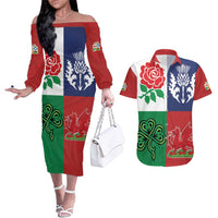 Custom British Lions Couples Matching Off The Shoulder Long Sleeve Dress and Hawaiian Shirt Combination of England Irish Scottish Welsh