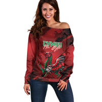 Wales Rugby National Heritage Custom Off Shoulder Sweater Red Dragon Inspired Edition