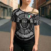 Italy Rugby Concept Custom Cross Shoulder Shirt Black and White Mandala Inspired