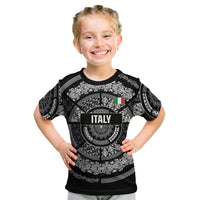Italy Rugby Concept Custom Kid T Shirt Black and White Mandala Inspired