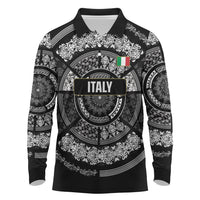 Italy Rugby Concept Custom Long Sleeve Polo Shirt Black and White Mandala Inspired