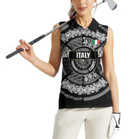 Italy Rugby Concept Custom Women Sleeveless Polo Shirt Black and White Mandala Inspired