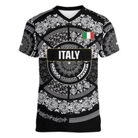 Italy Rugby Concept Custom Women V-Neck T-Shirt Black and White Mandala Inspired