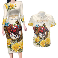 Melbourne Horse Racing Personalised Couples Matching Long Sleeve Bodycon Dress and Hawaiian Shirt Australian Horse With Yellow Roses - Wonder Print Shop