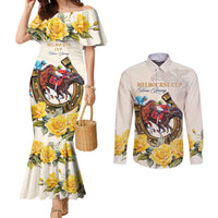 Melbourne Horse Racing Personalised Couples Matching Mermaid Dress and Long Sleeve Button Shirt Australian Horse With Yellow Roses - Wonder Print Shop