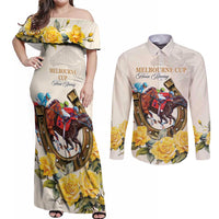 Melbourne Horse Racing Personalised Couples Matching Off Shoulder Maxi Dress and Long Sleeve Button Shirt Australian Horse With Yellow Roses - Wonder Print Shop